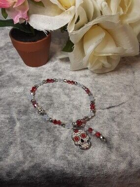 Day of the Dead Red Beaded Skull Stretch Bracelet Sugar Skull